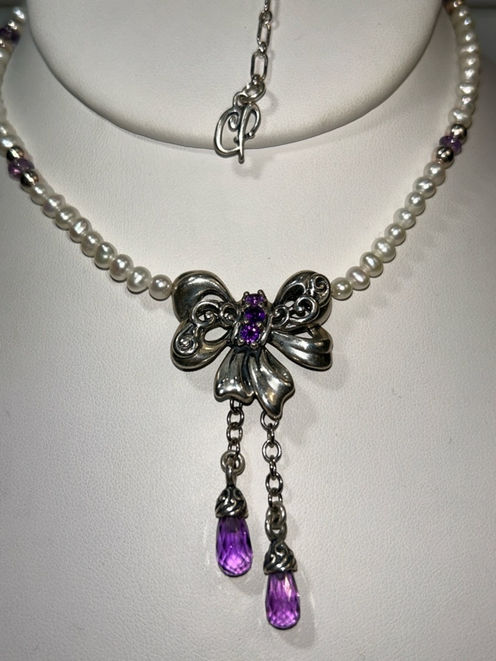 NWOT Carolyn Pollack Sterling Silver Genuine Amethyst & Pearl Designer Necklace - Picture 2 of 9